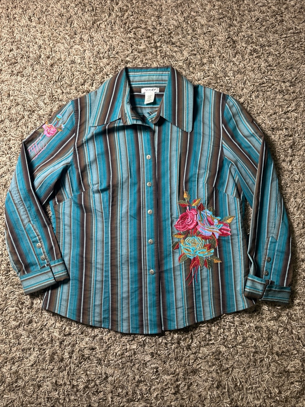 Jendo Women’s L Embroidered Western Button Up Shirt Floral Stripe Blue Brown